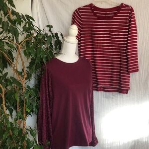 BANANA REPUBLIC sz S  lot 2 maroon cranberry tops w/white stripes & lace sleeves